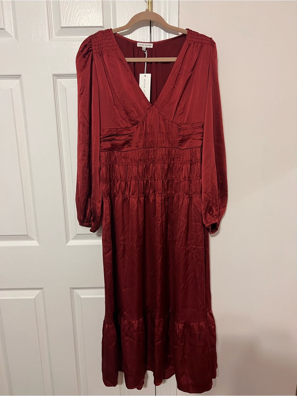 Moon River Burgundy Long Sleeve V-Neck Smocked Waist Dress